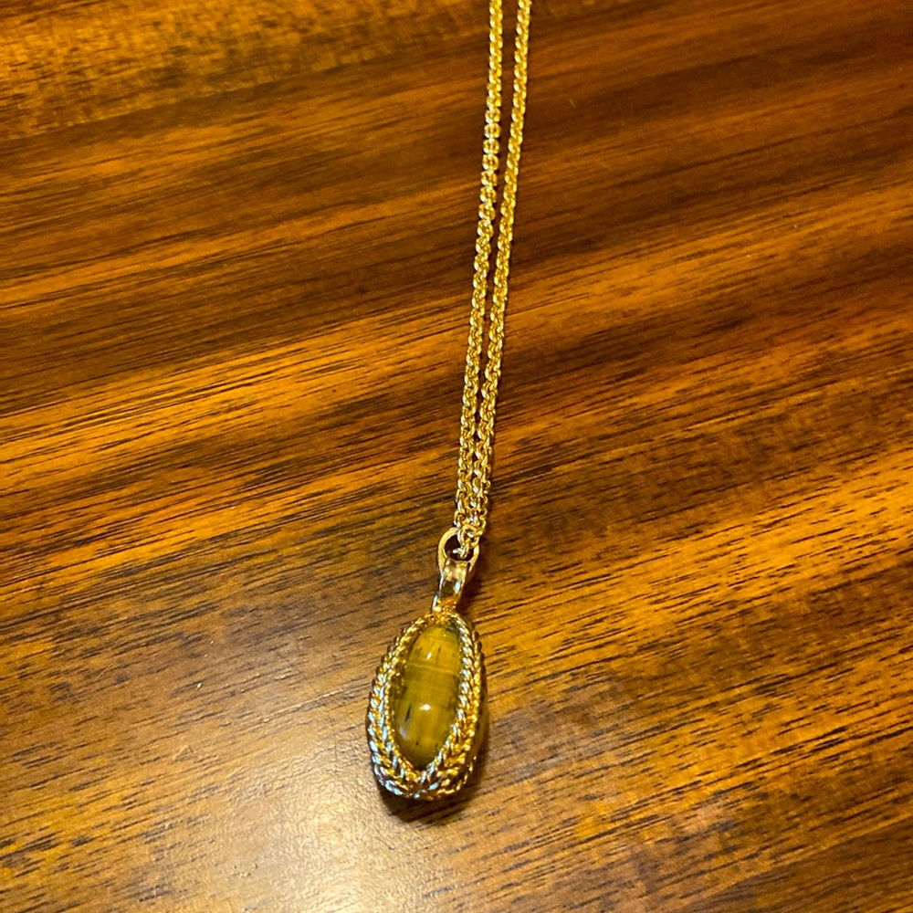JOAN RIVERS Brown Tiger's Eye Faberge Egg Pendant Gold Necklace Bow Trim